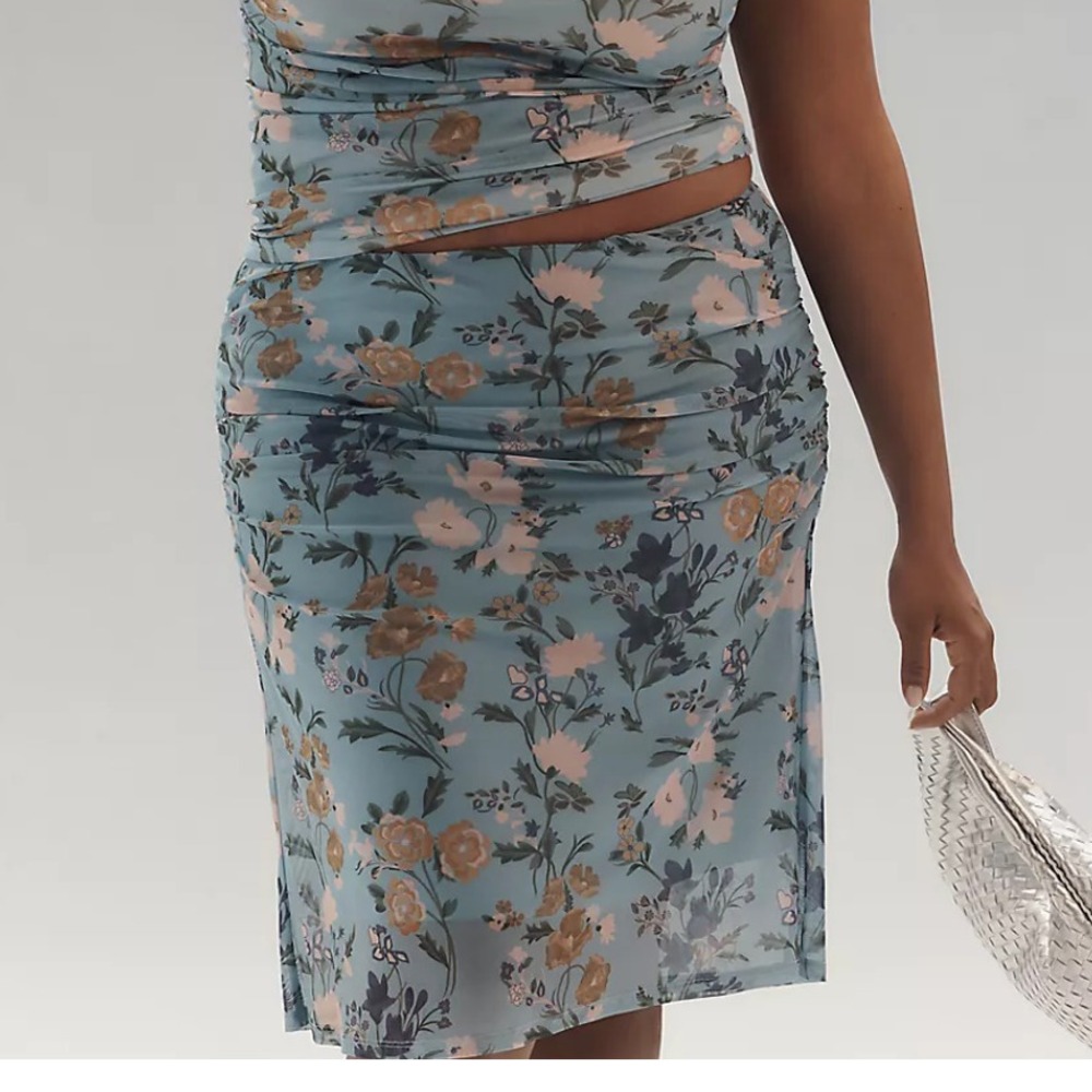 Anthropologie FloralPrinted Mesh Knee-Length Skirt Blue Pink Sz3X New With Tag